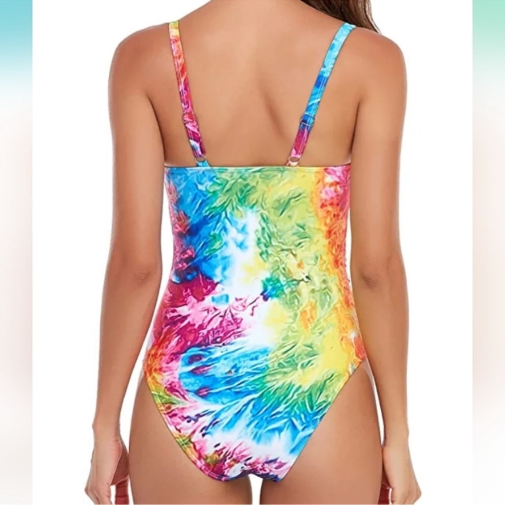 NWT Smismivo Tummy Control 1 Piece Push Up Bathing Suit Size L Neon Swirl V-Neck - Picture 2 of 11